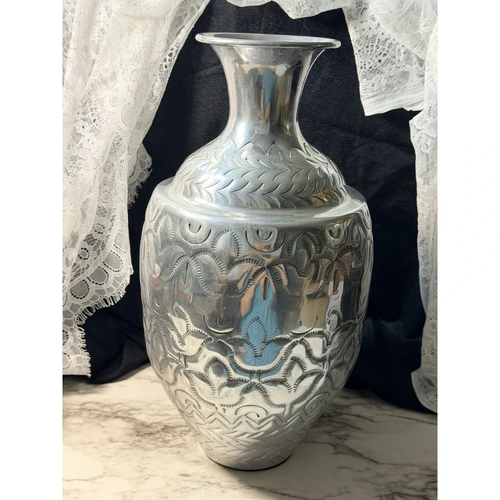 VTG Handcrafted Silver Metal Vase Indian Hammered 14
